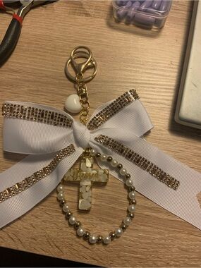 White Ribbon Cross Charm Keychain with Pearl Beads